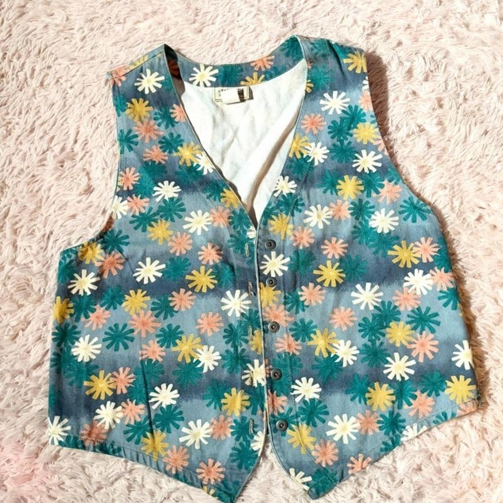 Vintage 90s Retro Whimsical Floral Funky Art to Wear Eccentric Vest Womens M